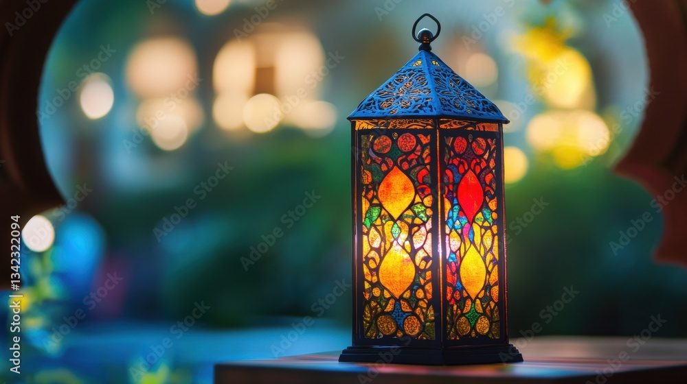 Poster colorful moroccan lantern illuminating a cozy outdoor setting with soft bokeh background and intrica