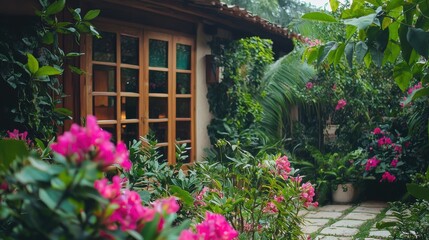 Fototapeta premium Pink flowering plant with lush green leaves in a garden setting near a house with wooden windows and patio. Copy Space.
