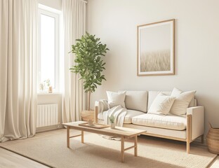 Fototapeta premium Sunny living room, beige sofa, minimalist decor, natural light, interior design