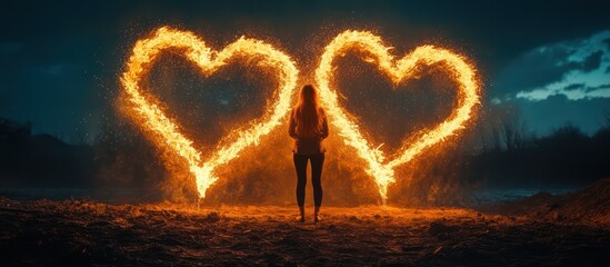 Woman, fire hearts, night, riverside, romance