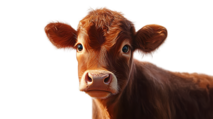 Closeup portrait of a young brown calf looking directly at the camera