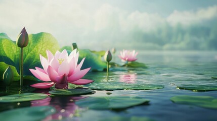 Pink lotus flowers blooming on tranquil pond with green lily pads and buds, nature background with copy space for text.