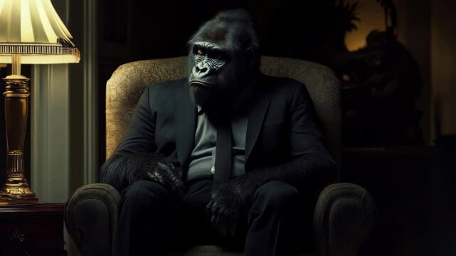 A unique illustration of a gorilla in a stylish business suit, blending nature with corporate culture comically