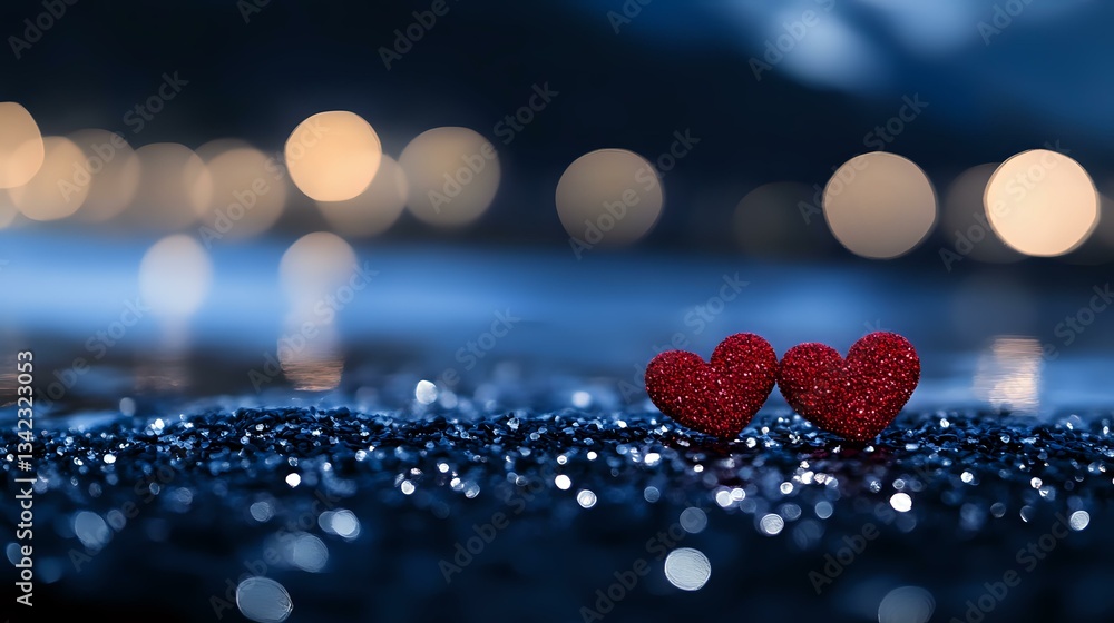 Poster two red glitter hearts on dark reflective surface with romantic bokeh lights in background creating 