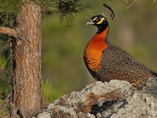 A vibrant peacock displaying rich colors in its natural habitat scene