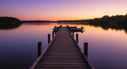 Fototapeta premium Tranquil Evening at the Dock: Scenic Sunset Reflection on Rippling Water - serene Boating Pier and Natural Beauty in Vibrant Rural Landscape