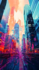 A vibrant, futuristic cityscape with colorful reflections and towering skyscrapers.