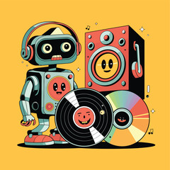 2d vector illustration icon cool entertainment cartoon character  music tools (Drum , Music Note , Headphones ,Microphone , Piano , Guitar ,Record) 
