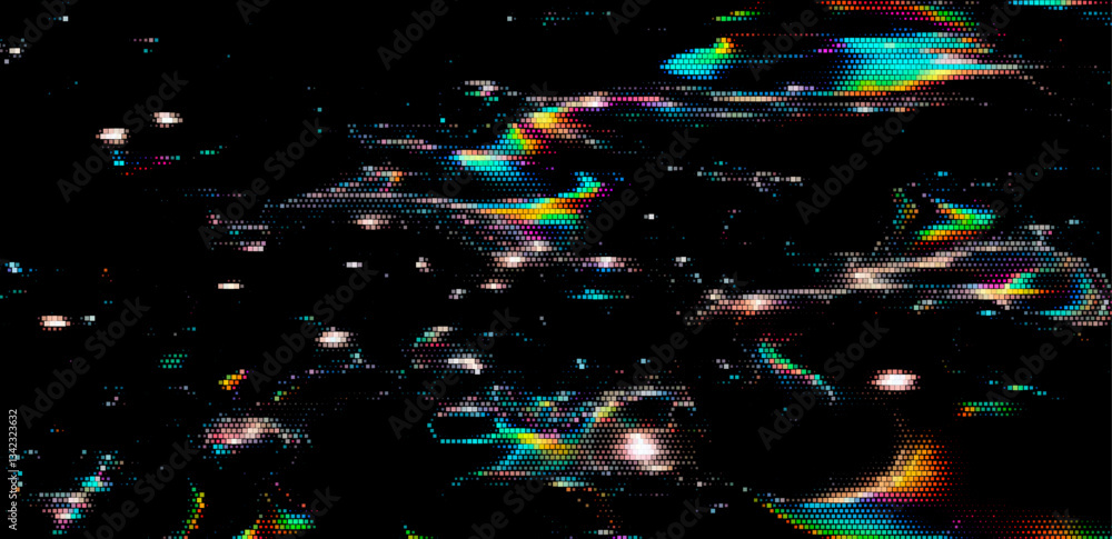 Poster Abstract digital art depicting a pixelated, multicolored liquid pattern on a black background. The vibrant colors and glossy effects create a dynamic, iridescent appearance.