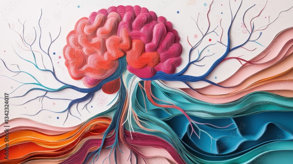 Aufkleber intricate paper art representation of a colorful brain with vibrant roots and flowing waves in artis