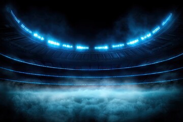 Futuristic arena with blue neon lights and fog