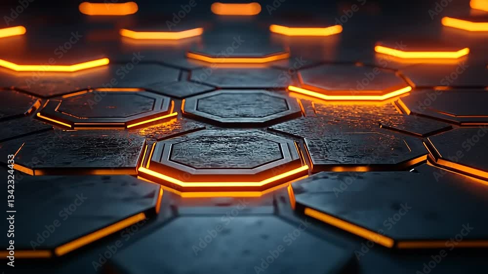 Poster close-up of a futuristic hexagonal floor with glowing orange edges, creating a sci-fi atmosphere