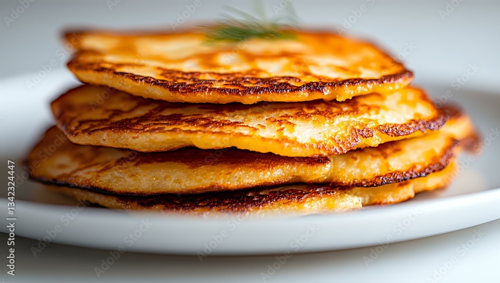 Poster stack of golden homemade pancakes with crispy edges served on white plate, close-up macro shot showi