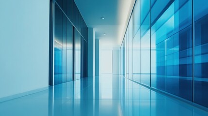 Obraz premium A long modern hallway with glass walls and bright lighting