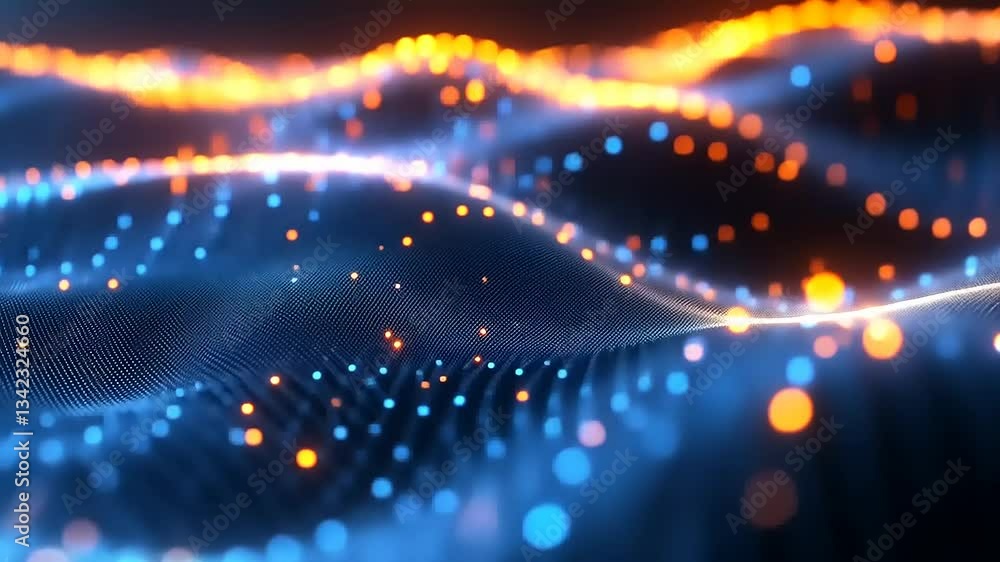 Poster vibrant abstract waves of blue and orange light creating a dynamic visual effect in a digital landsc