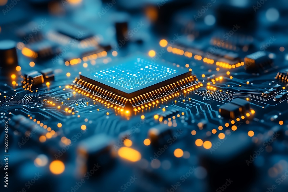 Poster close-up of circuit board with glowing microchip for technology concepts