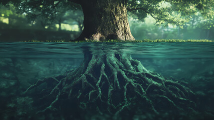 Tree roots underwater, nature, ecology - environmental awareness. Rooted Consciousness. Illustration