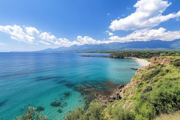 Obraz premium Panoramic view of a scenic coastal landscape with clear turquoise water, sandy beach, rocky cliffs, lush green vegetation, and mountains in the background under a sunny sky with fluffy clouds.