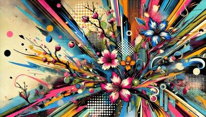 Energetic pop art style illustration bursting with spring flowers and colors