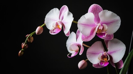 Pink white orchid flower on black background close up..
