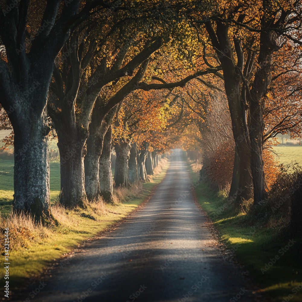 Poster a long road stretches into the distance lined with autumn trees creating a tunnel effect with sunlig