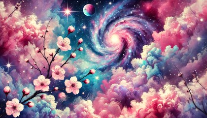 Naklejka premium Cherry blossoms adorning a cosmic watercolor pop art spring illustration