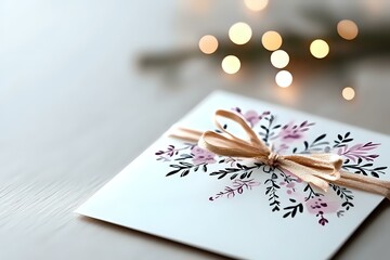 Elegant white greeting card with delicate floral pattern and golden bow against soft bokeh lights background, creating romantic holiday atmosphere.