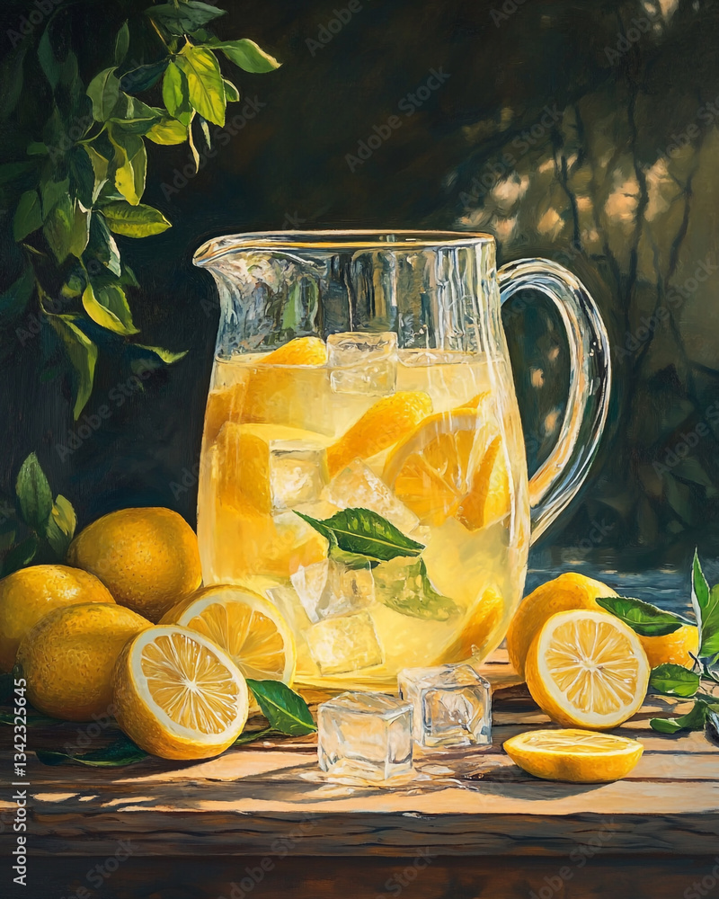 Poster a refreshing pitcher of lemonade with lemons and ice cubes on a wooden table in a bright setting