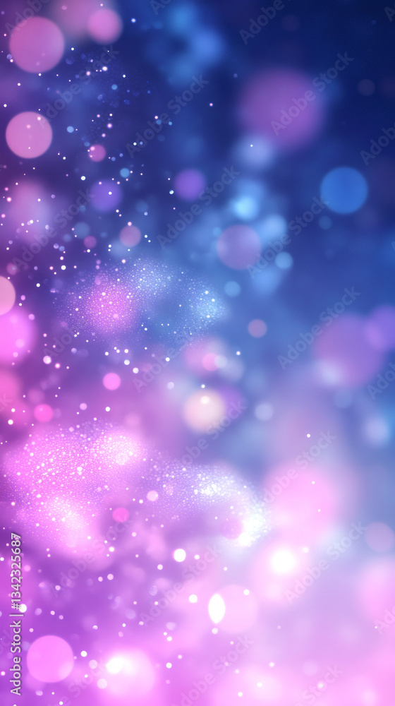 Poster Luminescent pink and blue particles drifting, sparkling with ethereal glow against soft-focused background