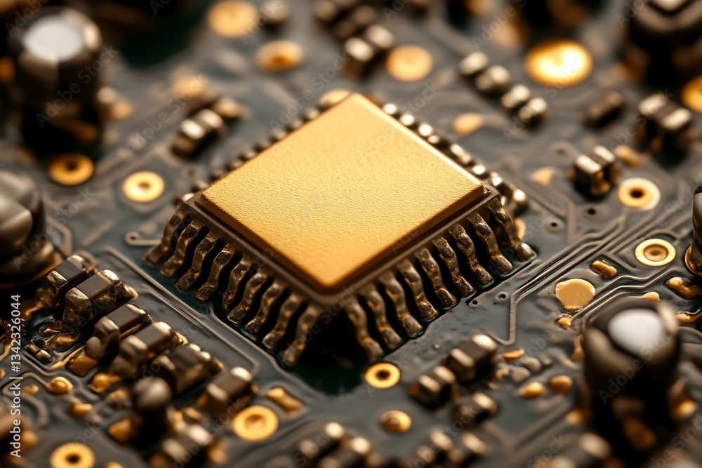 Poster close-up of golden microchip on circuit board for tech innovation