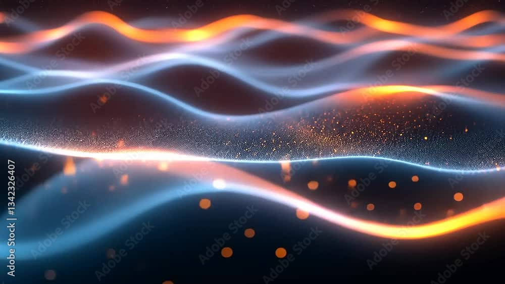Poster abstract waves of glowing light in vibrant colors create a mesmerizing visual effect in a dark backg