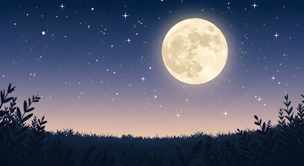 Full Moon in Night Sky Above Grass Silhouette with Stars and Calm Mood