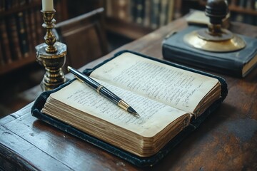 Antique Open Book with Fountain Pen on Wooden Desk in Library