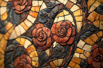 Intricate mosaic artwork depicting roses in warm tones, created with small stone pieces.