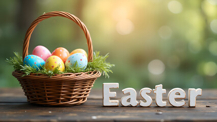 Basket with Decorated Easter Eggs and Text