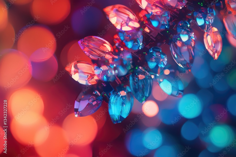Poster abstract close-up of a crystal object illuminated with vibrant red and blue bokeh lights.