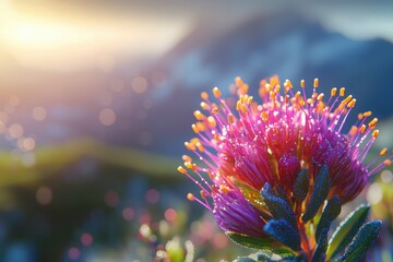 Obraz premium A vibrant pink flower blossoms in the sunlit mountain landscape, glistening with morning dew.