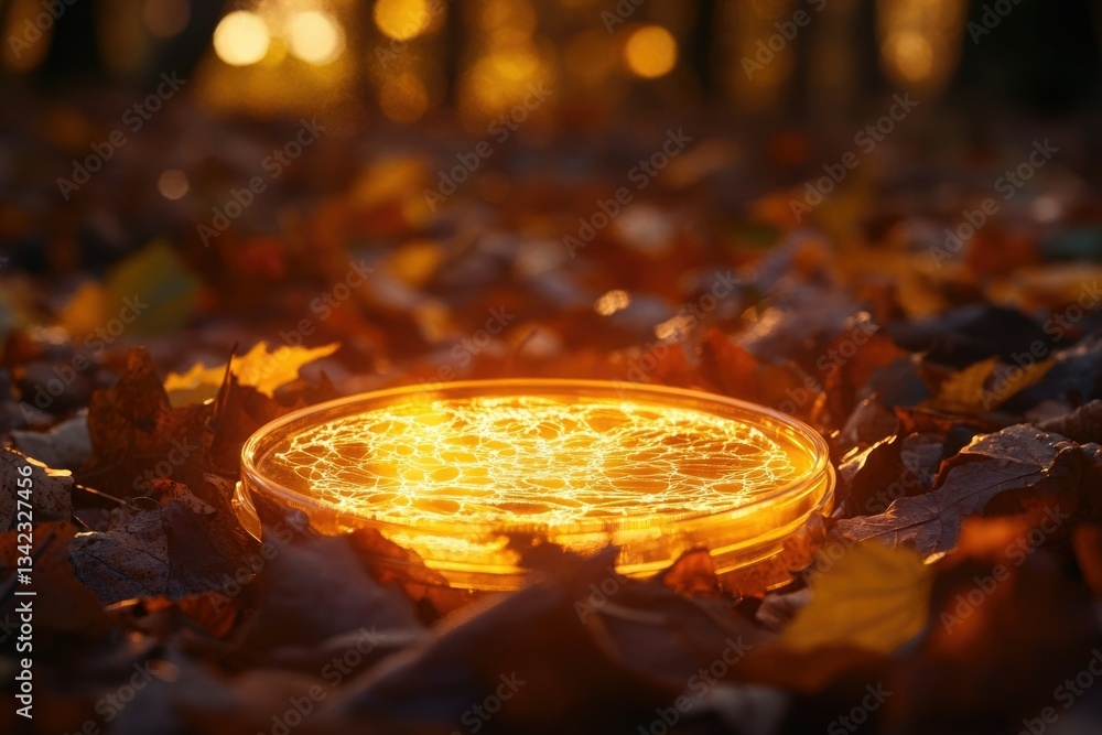 Poster glowing orb rests on autumn leaves, creating a magical, ethereal scene in a forest setting.