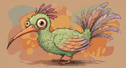 Obraz premium Funny Cartoon Bird Illustration with Big Eyes and Long Beak on a Neutral Background