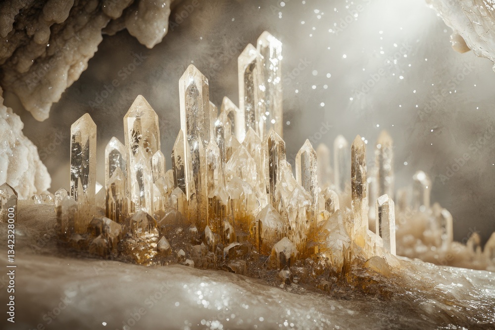 Poster a mesmerizing cluster of translucent quartz crystals forms a miniature city within a cave, illuminat