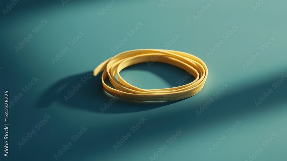 Poster yellow rubber band on teal surface with soft shadows captured in natural light creating a minimalist
