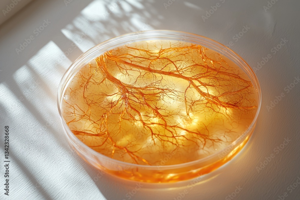 Poster intricate orange network resembling veins or roots submerged in a translucent amber liquid within a 