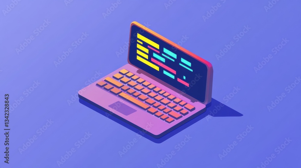 Poster colorful 3d laptop design displaying coding interface with vibrant neon colors and modern aesthetic 