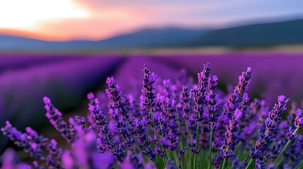 Obraz premium Vibrant purple lavender flowers in bloom against dramatic sunset sky and mountain silhouettes, creating serene natural landscape with aromatic herbs in soft evening light.