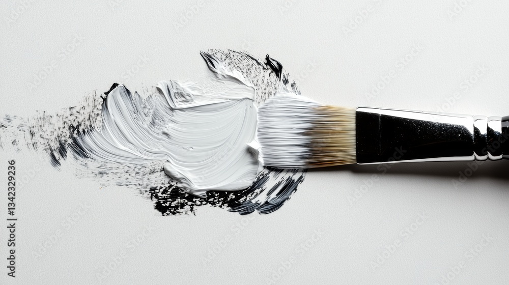 Aufkleber Close-up View of Paintbrush Creating Texture with White and Black Paint on Canvas for Artistic Background and Abstract Design