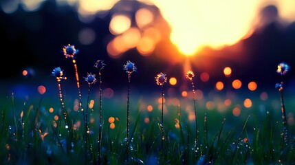 Delicate wildflowers silhouetted against golden sunset bokeh background with dreamy atmosphere and glowing light orbs creating magical nature scene at dusk.