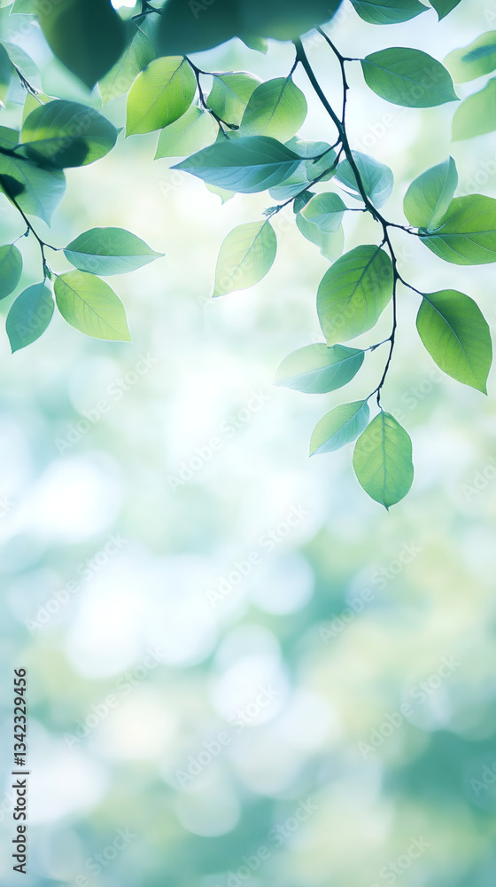 Leinwandbilder fresh green leaves on branches gently filtering sunlight and creating a beautiful bokeh effect, perf