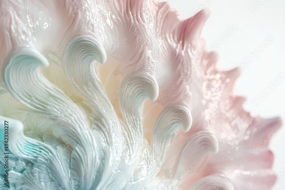 Poster close-up of a seashell with pastel colors and wave-like textures, showcasing its intricate details.