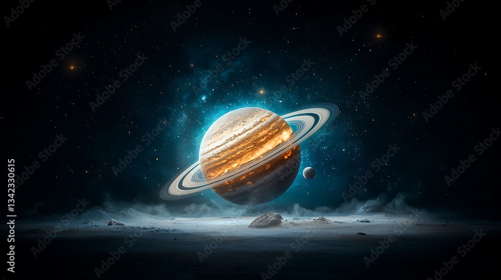 Poster cosmic ringed planet in a nebula