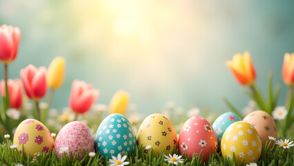 Vibrant Easter Eggs and Tulips in Spring Meadow